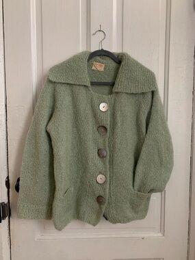 Vintage hand knit sea foam green cardigan with mother of pearl buttons